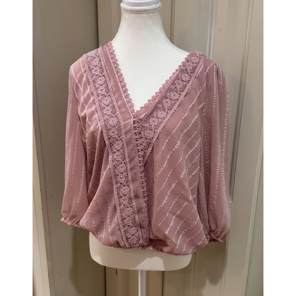 Blue Rain Women's Pink Lace Trim Striped Blouse Romantic Fairycore Top Size XL
